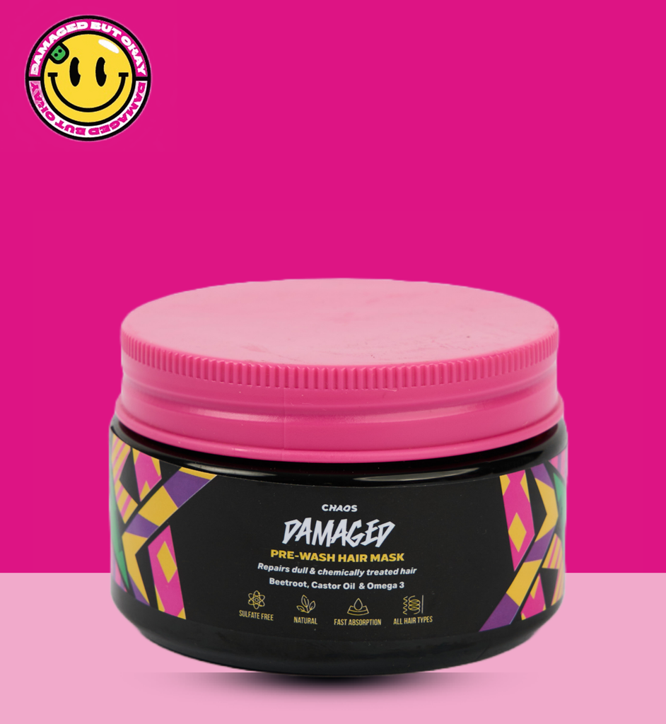 Chaos Damaged natural hair mask for hair that is chemically treated, or heat treated.  Beetroot, jojoba oil, omega 3 and honey combine to repair and revive damaged hair and split ends. Chaos Damaged, helps you to keep your routine of coloring, blowing, or doing heat while limiting the damaging effect and protect against, daily toxins, free radicals & Nutrient deficiency.