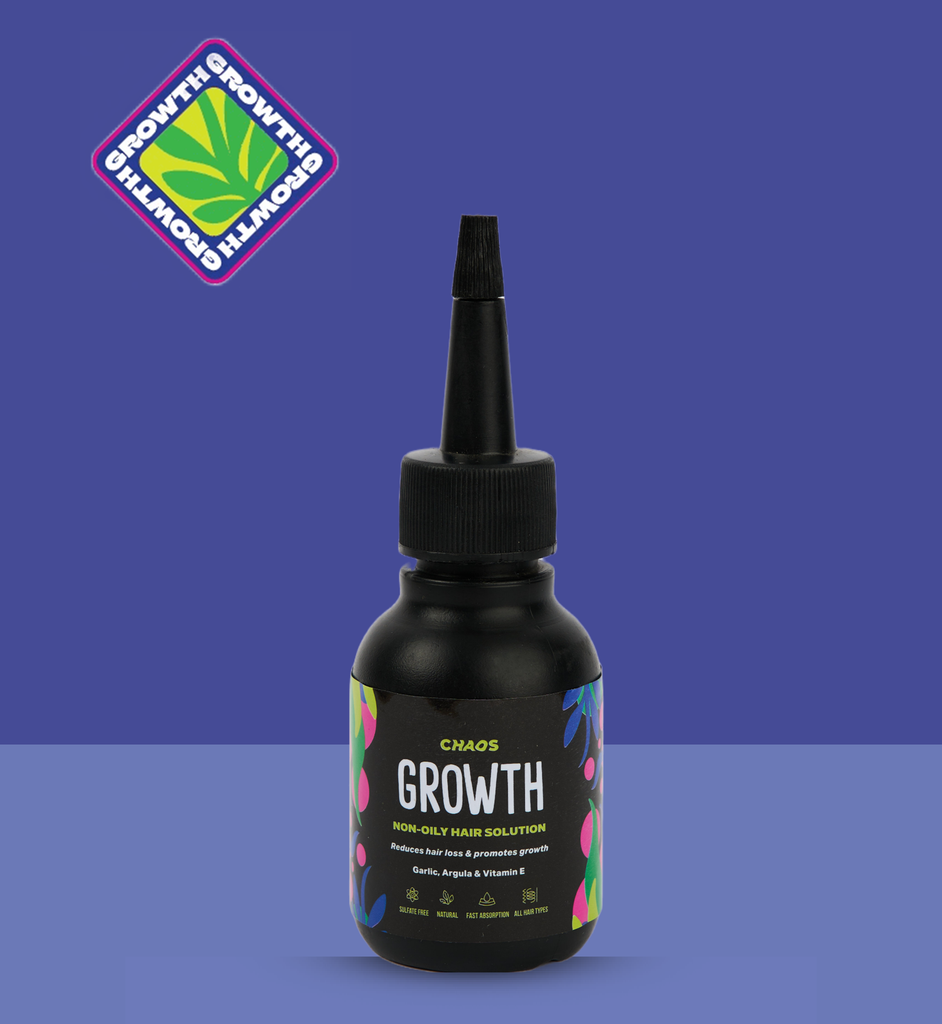 Chaos Growth natural solution to reduce hair loss and stimulate hair growth. Garlic oil, Rocca and vitamin A will provide a blast of nutrition straight to the roots provide a blast of nutrition to encourage hair growth. Apply straight to your roots