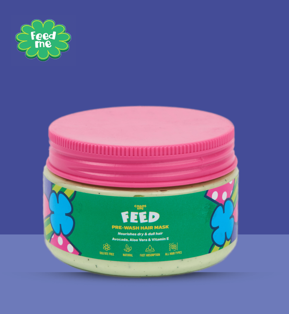 "Chaos Kids feed natural hair mask to densify dry and dull hair. Infused with aloe vera and avocado oil it will deliver nutrition direct to your kid’s hair, making it super healthy and shiny  Reduce the time and effort of combing and brushing your kid’s hair."