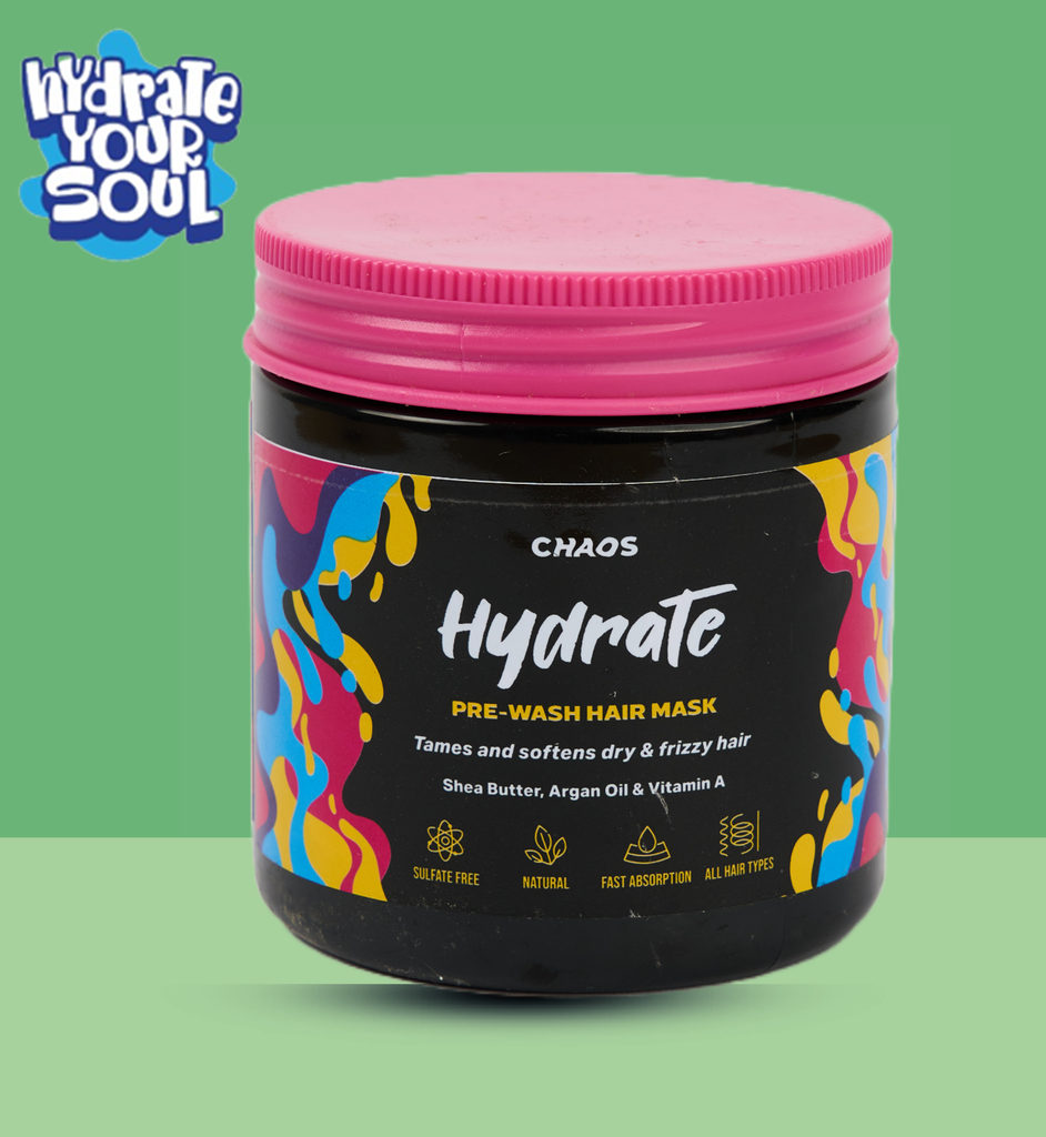 "Chaos Hydrate natural hair mask for straight and curly that is dull & frizzy. Feel your hair moisturized from shea butter, while argan oil smooths, and oat milk protects your strands from breakage.  Chaos Hydrate, keeps your uncontrollable hair under control, helps you to have as many as good hair days as possible."