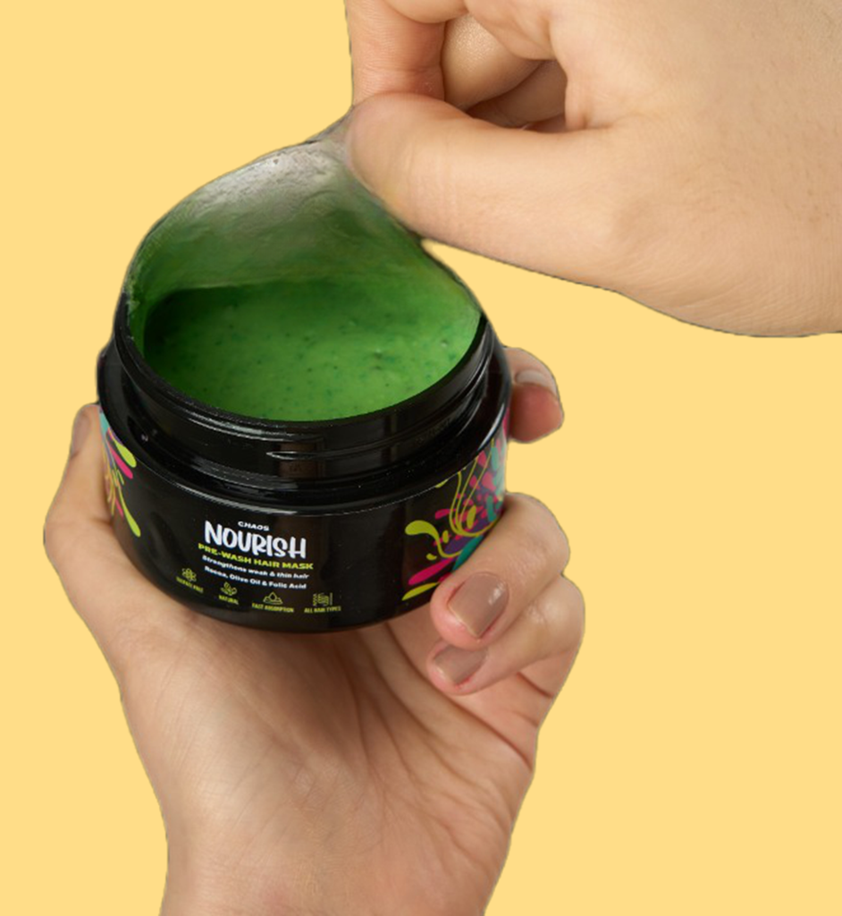 Chaos Nourish natural mask for weak and thin hair. Rocca, olive oil and folic acid combine forces to strengthen, smooth and nurture your hair, while ylang ylang boosts hair growth! Use before shampoo.
