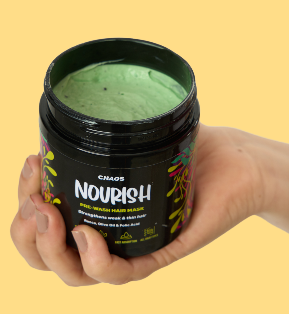Chaos Nourish natural mask for weak and thin hair. Rocca, olive oil and folic acid combine forces to strengthen, smooth and nurture your hair, while ylang ylang boosts hair growth! Use before shampoo.