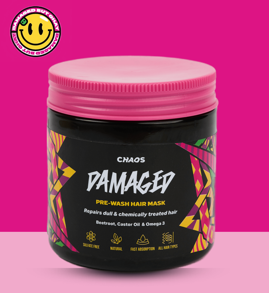Chaos Damaged natural hair mask for hair that is chemically treated, or heat treated.  Beetroot, jojoba oil, omega 3 and honey combine to repair and revive damaged hair and split ends. Chaos Damaged, helps you to keep your routine of coloring, blowing, or doing heat while limiting the damaging effect and protect against, daily toxins, free radicals & Nutrient deficiency.