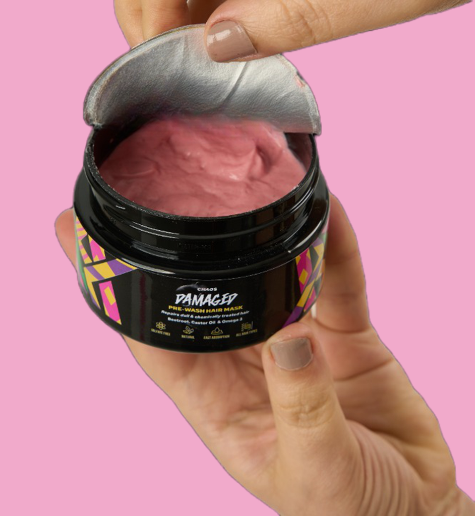 Chaos Damaged natural mask for hair that is chemically treated, or heat treated.  Beetroot, jojoba oil, omega 3 and honey combine to repair and review damaged hair and split ends. Use before shampoo