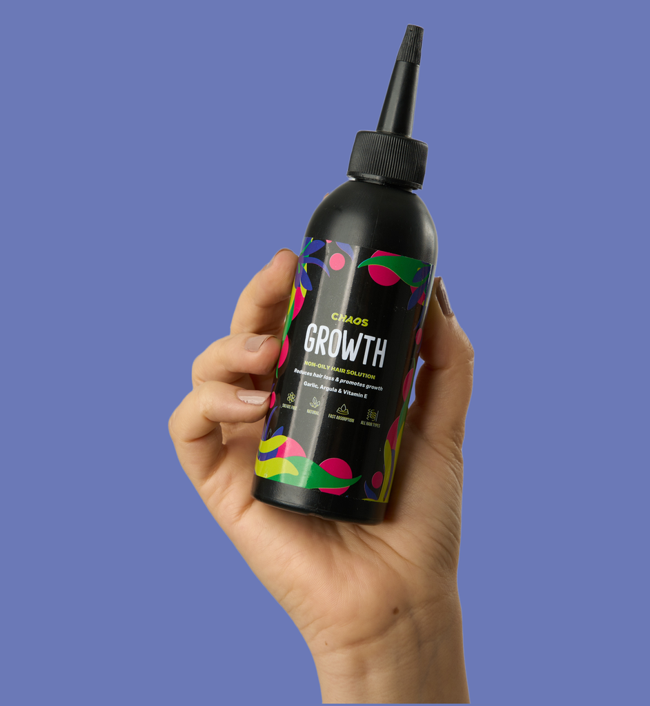 Chaos Growth to reduce hair loss. Garlic oil, Rocca and vitamin A will provide a blast of nutrition straight to the roots provide a blast of nutrition to encourage hair growth. Apply straight to your roots.  Non oily formula.