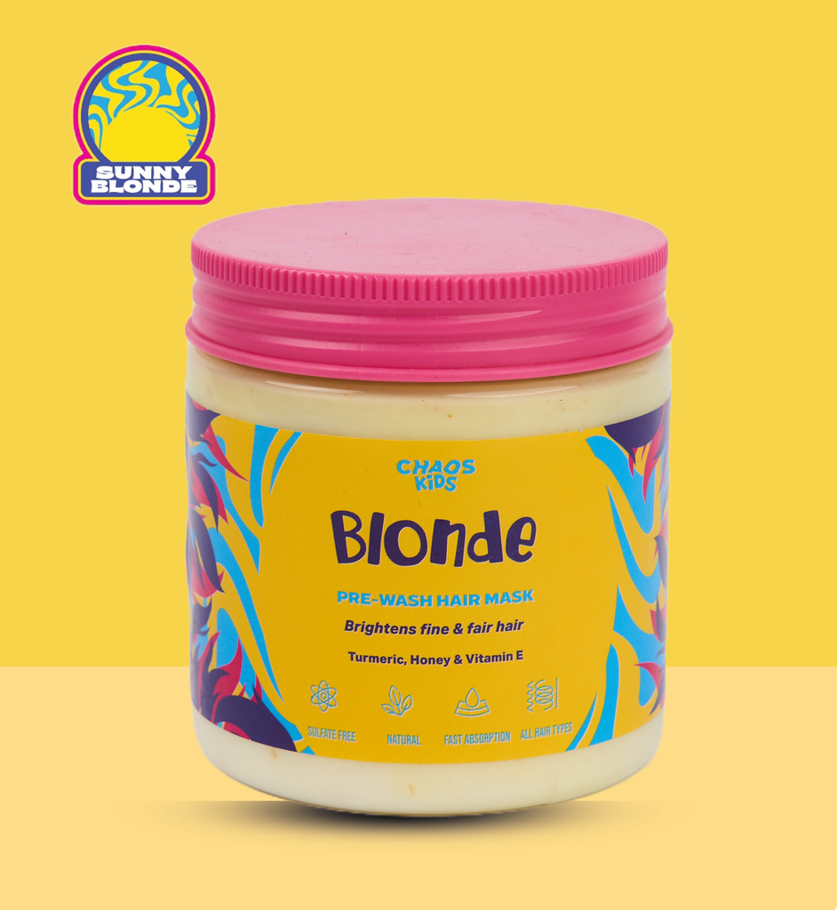 "Chaos Kids Blonde natural hair mask for fine & fair hair. Our special blend of lemon, chamomile, honey work to nourish, strengthen, soothe and give blonde hair the extra shine it needs.   Reduce the time and effort of combing and brushing your kid’s hair"