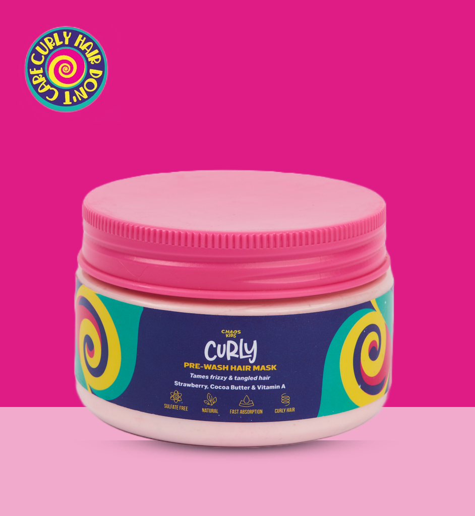 "Chaos Kids Curly natural hair mask for curly, tangled, and frizzy hair. Moisturizing and detangling cocoa butter and mango oil with strawberry to make it easy to brush your kid’s hair and define those locks.  Reduce the time and effort of combing and brushing your kid’s hair."