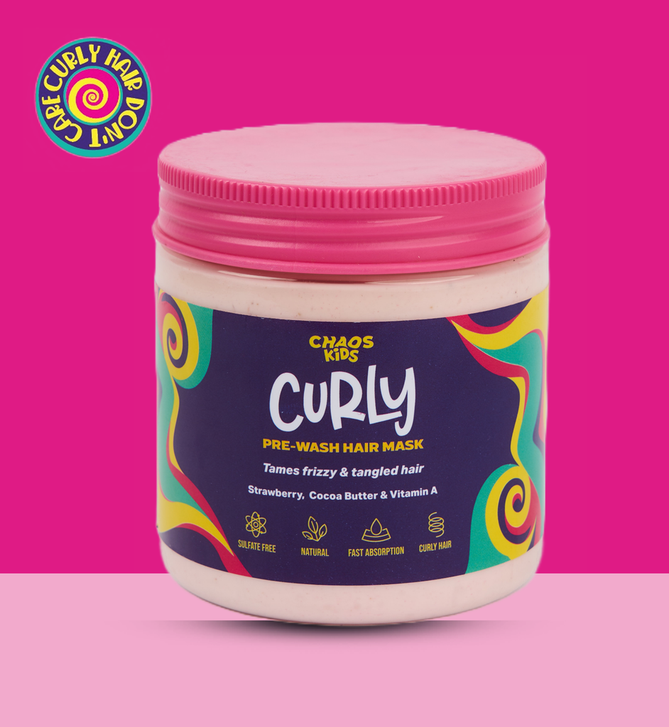 "Chaos Kids Curly natural hair mask for curly, tangled, and frizzy hair. Moisturizing and detangling cocoa butter and mango oil with strawberry to make it easy to brush your kid’s hair and define those locks.  Reduce the time and effort of combing and brushing your kid’s hair."