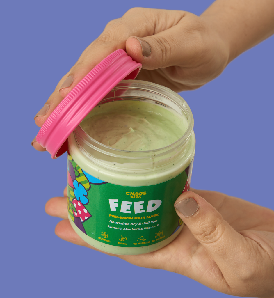 Chaos feed mask to densify dry and dull hair. Infused with aloe vera and avocado oil it will deliver nutrition direct to your kid’s hair, making it super healthy and shiny. 