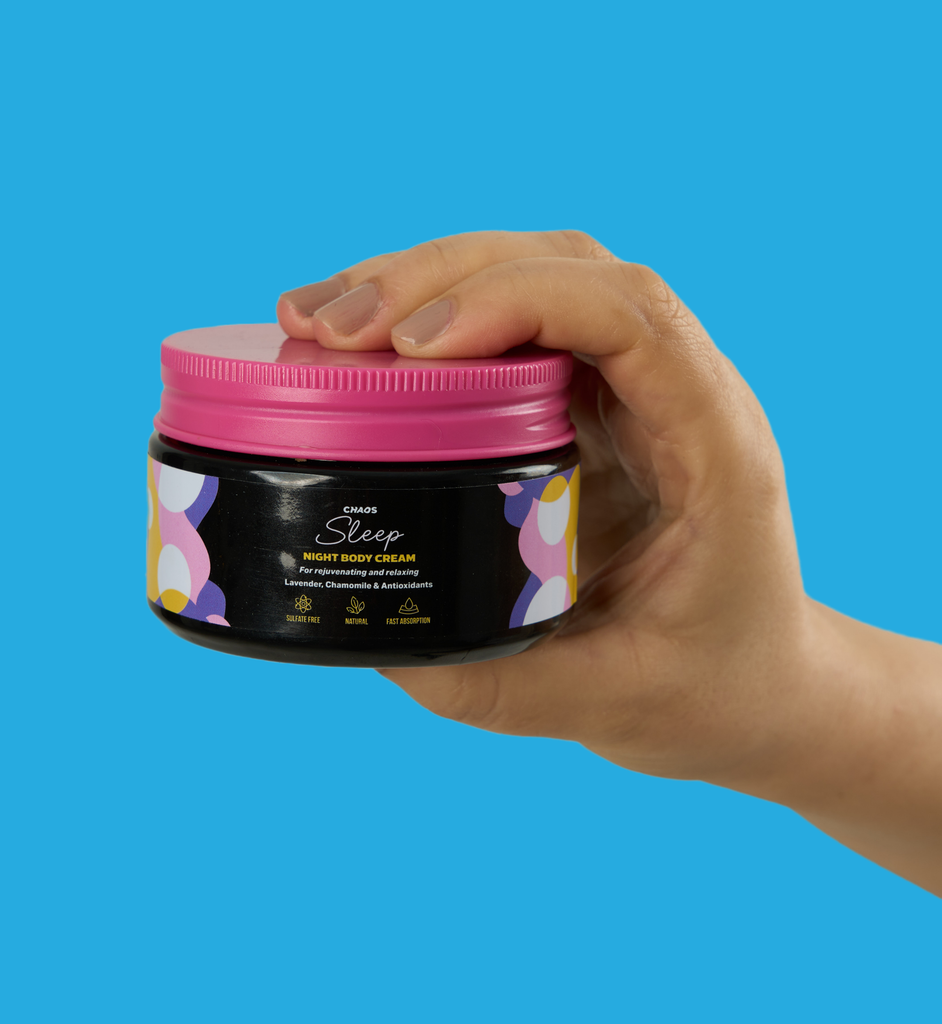 Chaos Sleep cream to relief anxiety before you go to bed. This magical sleep inducer with mango butter, enriching olive oil, and lavender will help you relax and soften your skin overnight. Non-greasy. Absorbs in 3 minutes. 