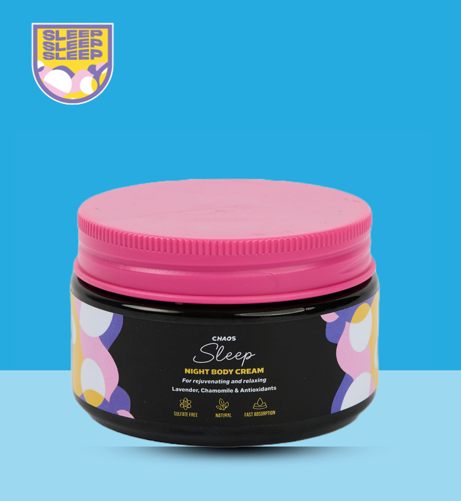 "Chaos Sleep natural body cream to relief anxiety before you go to bed. This magical sleep inducer with mango butter, enriching olive oil, and lavender will help you relax and soften your skin overnight. Non-greasy. Absorbs in 3 minutes.  Chaos, practical natural solution for every day’s problems."