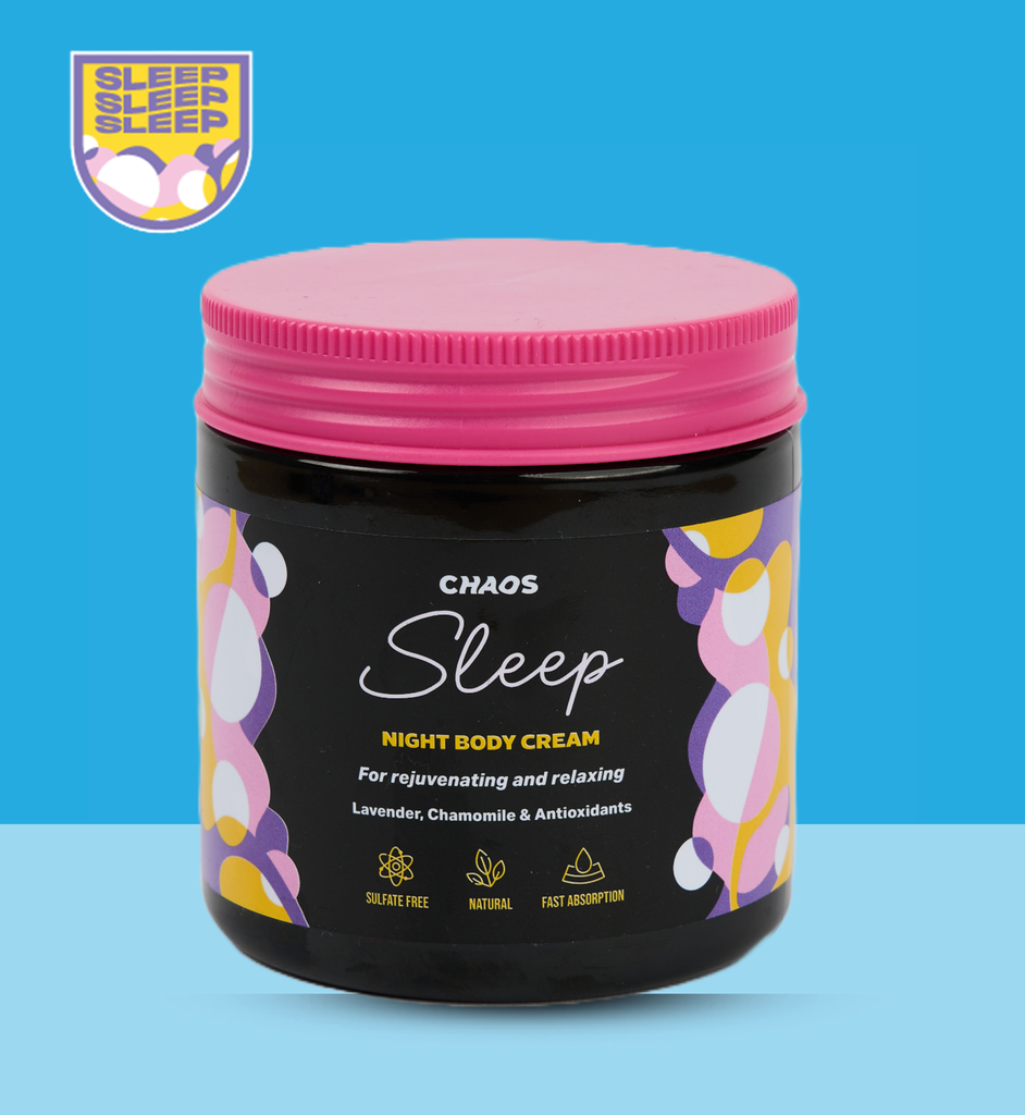 "Chaos Sleep natural body cream to relief anxiety before you go to bed. This magical sleep inducer with mango butter, enriching olive oil, and lavender will help you relax and soften your skin overnight. Non-greasy. Absorbs in 3 minutes.  Chaos, practical natural solution for every day’s problems."
