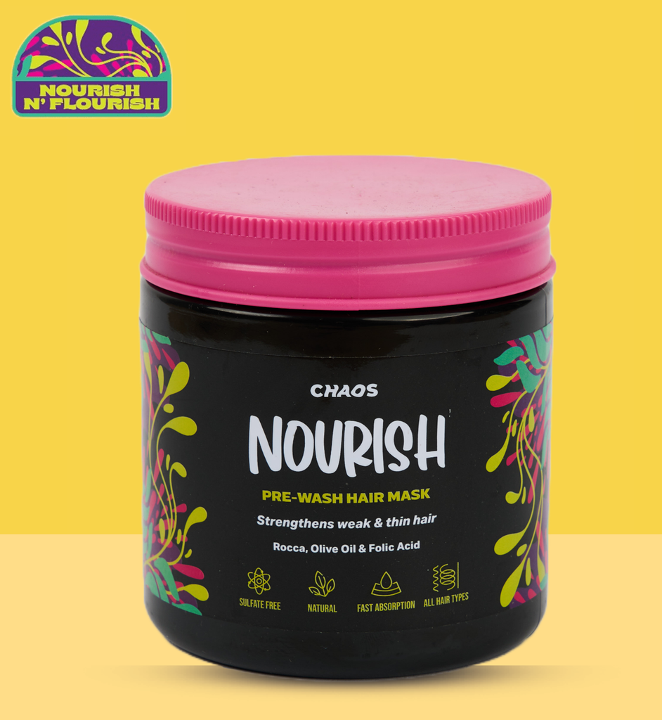 Chaos Nourish  Natural hair mask for weak and thin hair. Rocca, olive oil and folic acid combine forces to strengthen, smooth and nurture your hair, while ylang ylang boosts hair growth! Chaos Nourish, protects your natural fine & thin hair, or thinned by aging and bleaching, against daily toxins, free radicals & Nutrient deficiency. 
